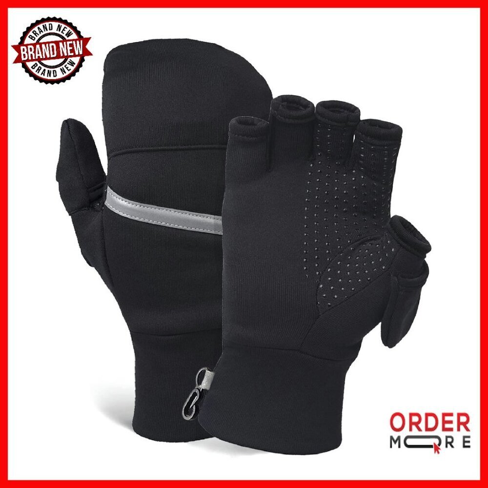 Women's Convertible Running Mittens - Fingerless Gloves Reflective Accents